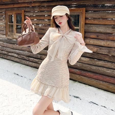 FA51597# 法式轻奢气质小香风编织收腰显瘦短款A字连衣裙