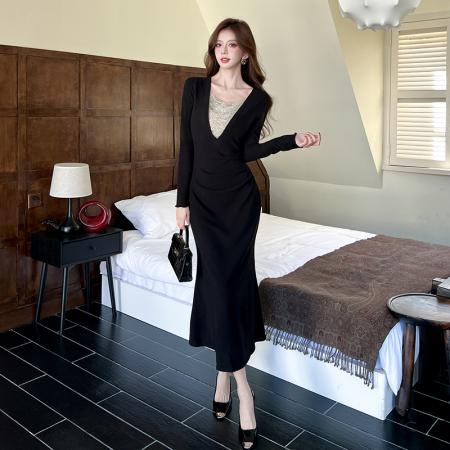 FA51598# 落黑曜冬季深V拼接长袖抽褶收腰包臀鱼尾连衣裙