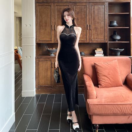 FA51601# 新中式国风蕾丝拼接旗袍连衣裙气质名媛开叉黑色小礼服