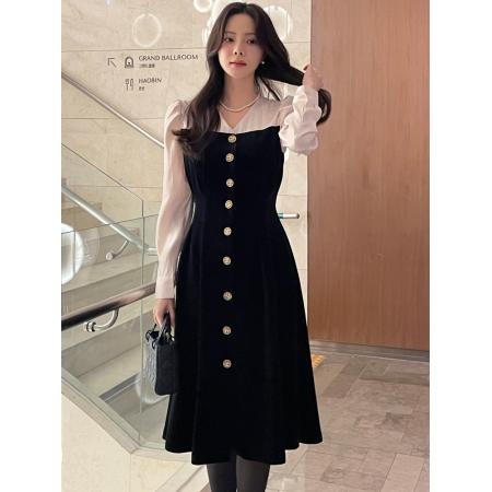 FA51602# 气质高雅韩国Chic衬衣丝绒拼接长裙修身长袖韩版连衣裙