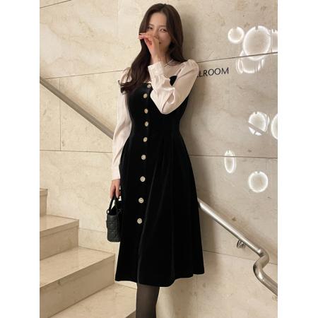 FA51602# 气质高雅韩国Chic衬衣丝绒拼接长裙修身长袖韩版连衣裙