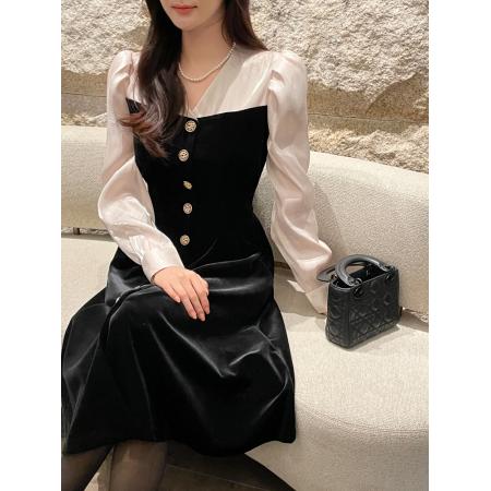 FA51602# 气质高雅韩国Chic衬衣丝绒拼接长裙修身长袖韩版连衣裙