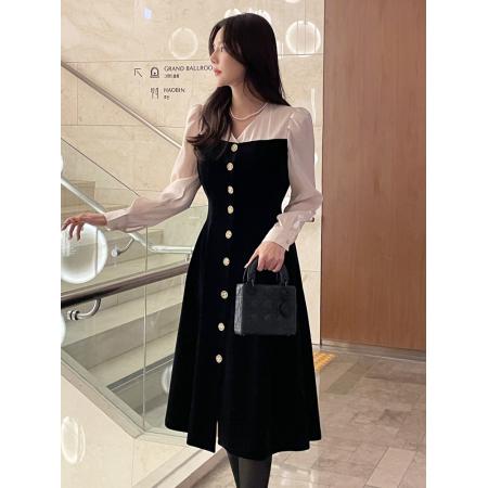 FA51602# 气质高雅韩国Chic衬衣丝绒拼接长裙修身长袖韩版连衣裙