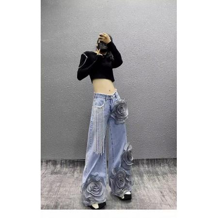 LN76396# 春夏季新款潮流百搭时尚洋气设计感街头女立体大花朵牛仔长裤