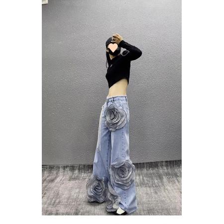 LN76396# 春夏季新款潮流百搭时尚洋气设计感街头女立体大花朵牛仔长裤