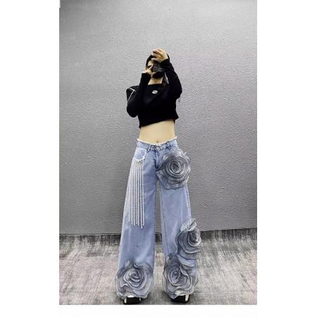 LN76396# 春夏季新款潮流百搭时尚洋气设计感街头女立体大花朵牛仔长裤