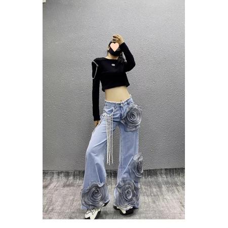 LN76396# 春夏季新款潮流百搭时尚洋气设计感街头女立体大花朵牛仔长裤