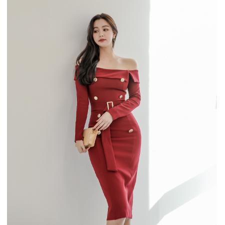 PS30886# 2020韩版女装新款休闲气质一字领腰带束腰显瘦后开叉包臀裙