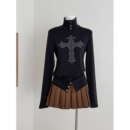 FA51604# 广州雪花羊绒美式复古高领印花烫钻长袖T恤上衣 服裝批發女裝批發服飾貨源