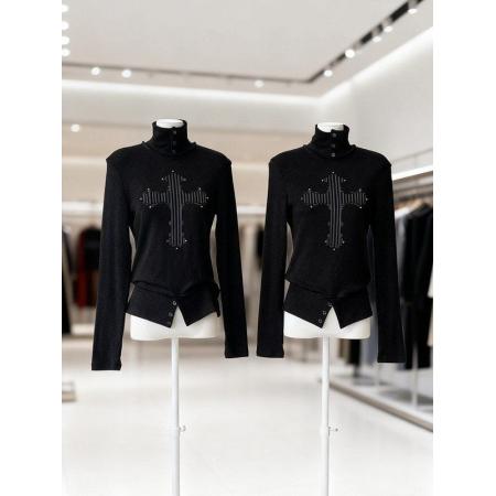 FA51604# 广州雪花羊绒美式复古高领印花烫钻长袖T恤上衣 服裝批發女裝批發服飾貨源