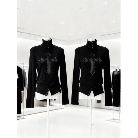 FA51604# 广州雪花羊绒美式复古高领印花烫钻长袖T恤上衣 服裝批發女裝批發服飾貨源