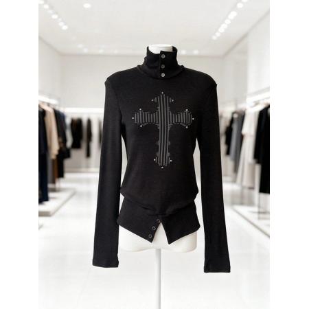 FA51604# 广州雪花羊绒美式复古高领印花烫钻长袖T恤上衣 服裝批發女裝批發服飾貨源