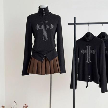 FA51604# 广州雪花羊绒美式复古高领印花烫钻长袖T恤上衣 服裝批發女裝批發服飾貨源