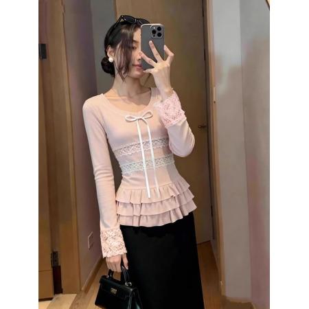 FA51605# 原版羊绒坑条别致漂亮小众设计感蝴蝶结上衣 服裝批發女裝批發服飾貨源