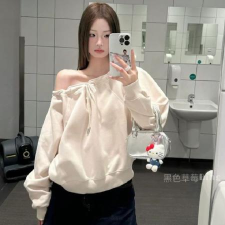 FA51607# 小众洋气简约休闲百搭长袖露肩褶皱绑带美式T恤卫衣女 服裝批發女裝批發服飾貨源