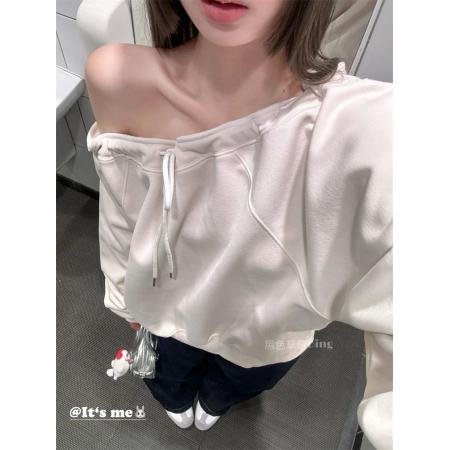 FA51607# 小众洋气简约休闲百搭长袖露肩褶皱绑带美式T恤卫衣女 服裝批發女裝批發服飾貨源