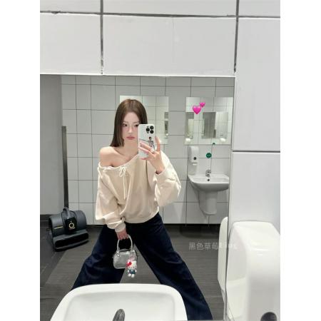 FA51607# 小众洋气简约休闲百搭长袖露肩褶皱绑带美式T恤卫衣女 服裝批發女裝批發服飾貨源