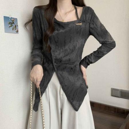 FA51609# 韩版复古不规则方领特色修身套头款打底长袖百搭上衣女装 服裝批發女裝批發服飾貨源