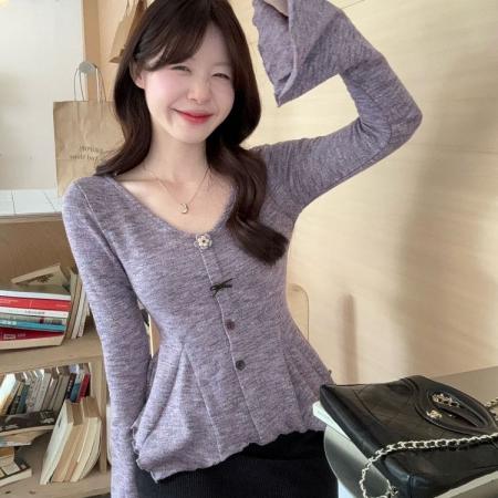 FA51611# 韩系设计感高级感百搭修身显瘦收腰喇叭袖T恤紫色上衣女 服裝批發女裝批發服飾貨源