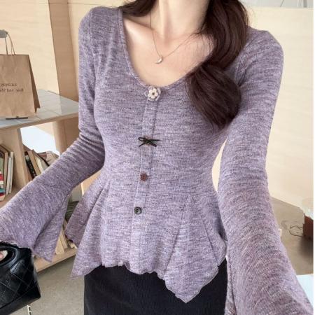 FA51611# 韩系设计感高级感百搭修身显瘦收腰喇叭袖T恤紫色上衣女 服裝批發女裝批發服飾貨源