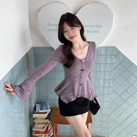 FA51611# 韩系设计感高级感百搭修身显瘦收腰喇叭袖T恤紫色上衣女 服裝批發女裝批發服飾貨源