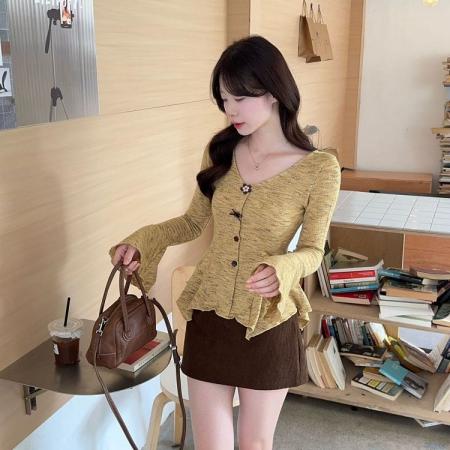 FA51611# 韩系设计感高级感百搭修身显瘦收腰喇叭袖T恤紫色上衣女 服裝批發女裝批發服飾貨源