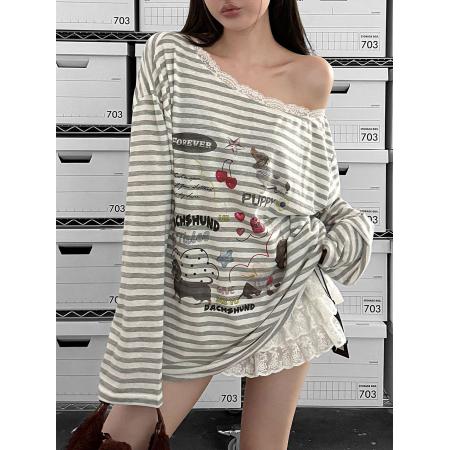 FA51612# 美式秋新品蕾丝花边卡通印花腊肠狗斜肩长袖T恤女上衣 服裝批發女裝批發服飾貨源