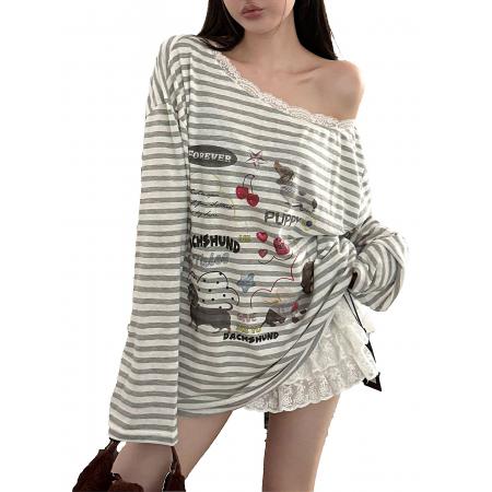 FA51612# 美式秋新品蕾丝花边卡通印花腊肠狗斜肩长袖T恤女上衣 服裝批發女裝批發服飾貨源