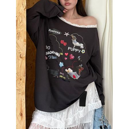FA51612# 美式秋新品蕾丝花边卡通印花腊肠狗斜肩长袖T恤女上衣 服裝批發女裝批發服飾貨源
