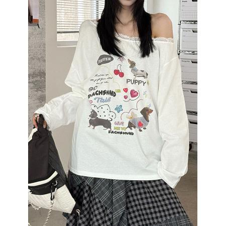 FA51612# 美式秋新品蕾丝花边卡通印花腊肠狗斜肩长袖T恤女上衣 服裝批發女裝批發服飾貨源