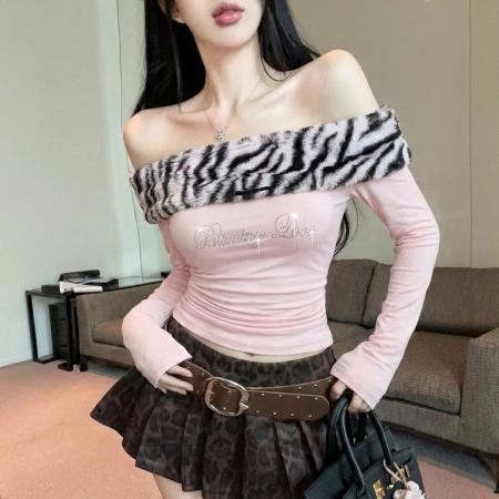 FA51614# 纯欲辣妹性感一字领露锁骨抹胸T恤上衣毛绒豹纹拼接露脐背心 服裝批發女裝批發服飾貨源