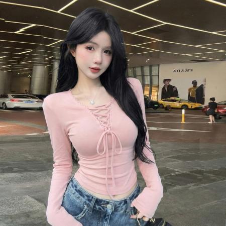 FA51615# 早春纯欲辣妹V领系带长袖T恤衫修身显瘦打底衫休闲针织上衣 服裝批發女裝批發服飾貨源
