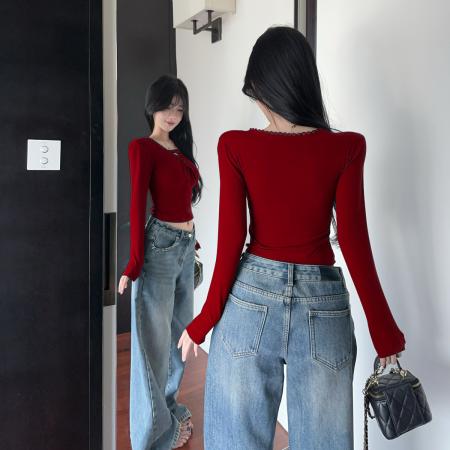 FA51615# 早春纯欲辣妹V领系带长袖T恤衫修身显瘦打底衫休闲针织上衣 服裝批發女裝批發服飾貨源