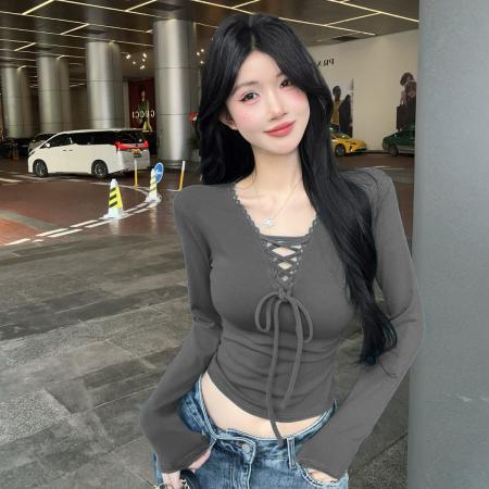 FA51615# 早春纯欲辣妹V领系带长袖T恤衫修身显瘦打底衫休闲针织上衣 服裝批發女裝批發服飾貨源