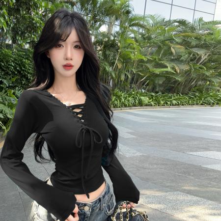 FA51615# 早春纯欲辣妹V领系带长袖T恤衫修身显瘦打底衫休闲针织上衣 服裝批發女裝批發服飾貨源