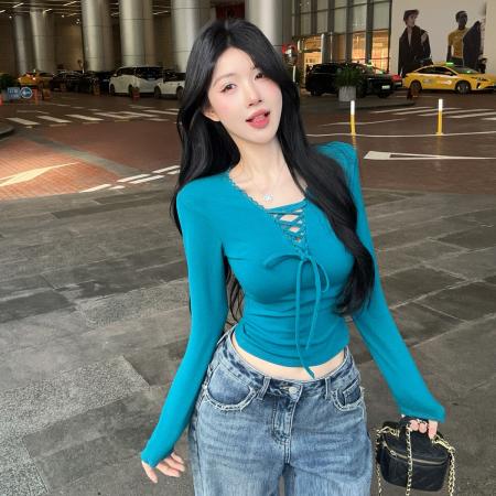 FA51615# 早春纯欲辣妹V领系带长袖T恤衫修身显瘦打底衫休闲针织上衣 服裝批發女裝批發服飾貨源