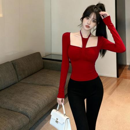 FA51616# 性感纯欲辣妹挂脖绑带U领长袖T恤衫秋冬修身显瘦打底衫上衣 服裝批發女裝批發服飾貨源