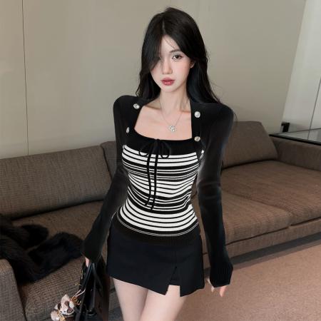 FA51617# 纯欲辣妹露锁骨长袖针织衫秋冬打底毛衣黑白条纹系带上衣 服裝批發女裝批發服飾貨源