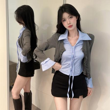 FA51619# 学院风蓝色格子衬衫拼接木耳边长袖针织衫假两件纯欲开衫上衣 服裝批發女裝批發服飾貨源