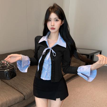 FA51619# 学院风蓝色格子衬衫拼接木耳边长袖针织衫假两件纯欲开衫上衣 服裝批發女裝批發服飾貨源