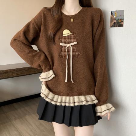 FA51621# 大码胖mm刺绣小熊图案毛衣棕色上衣秋冬新款显瘦遮肉针织衫 服裝批發女裝批發服飾貨源