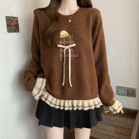 FA51621# 大码胖mm刺绣小熊图案毛衣棕色上衣秋冬新款显瘦遮肉针织衫 服裝批發女裝批發服飾貨源