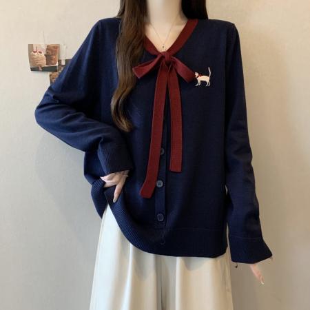 FA51622# 大码撞色绑带刺绣毛衣秋冬新款胖mm学院风卡通减龄上衣 服裝批發女裝批發服飾貨源