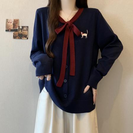 FA51622# 大码撞色绑带刺绣毛衣秋冬新款胖mm学院风卡通减龄上衣 服裝批發女裝批發服飾貨源