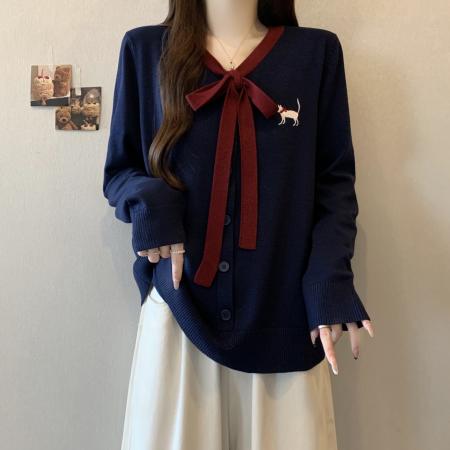 FA51622# 大码撞色绑带刺绣毛衣秋冬新款胖mm学院风卡通减龄上衣 服裝批發女裝批發服飾貨源