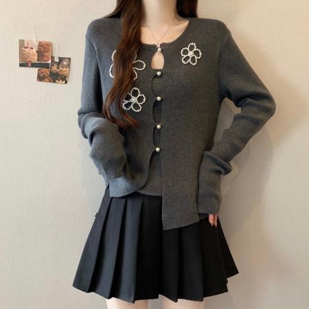 FA51623# 大码假两件花朵钉珠针织衫上衣秋冬新款内搭灰色打底衫 服裝批發女裝批發服飾貨源