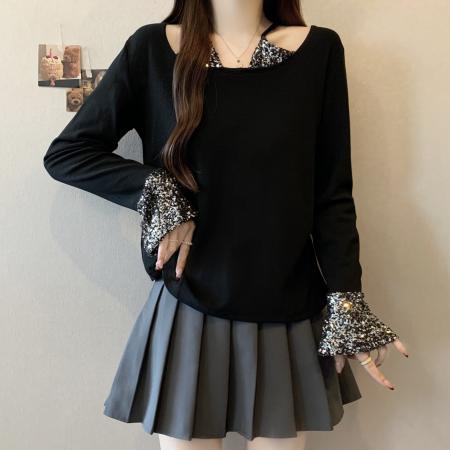 FA51624# 大码微胖mm纯欲风重工亮片修身显瘦辣妹性感长袖加厚磨毛T恤 服裝批發女裝批發服飾貨源