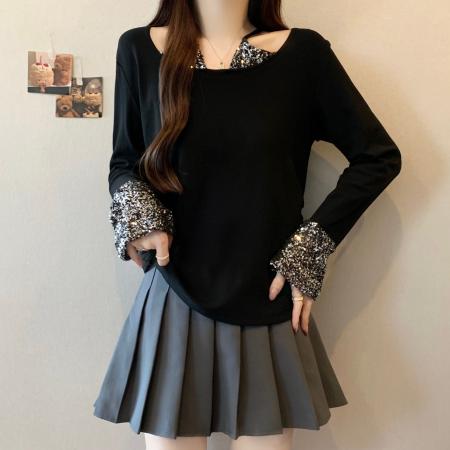 FA51624# 大码微胖mm纯欲风重工亮片修身显瘦辣妹性感长袖加厚磨毛T恤 服裝批發女裝批發服飾貨源