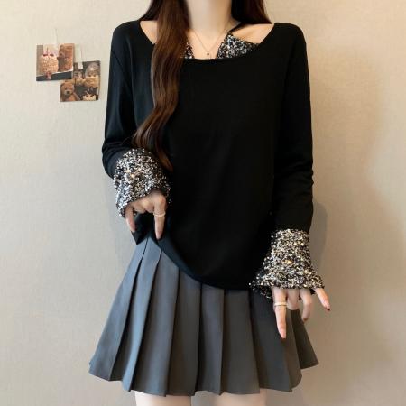 FA51624# 大码微胖mm纯欲风重工亮片修身显瘦辣妹性感长袖加厚磨毛T恤 服裝批發女裝批發服飾貨源