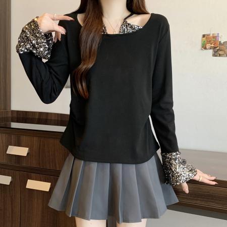 FA51624# 大码微胖mm纯欲风重工亮片修身显瘦辣妹性感长袖加厚磨毛T恤 服裝批發女裝批發服飾貨源